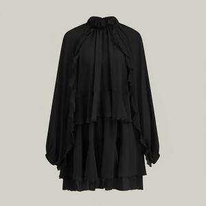 Commense Black Chiffon Ruffle Mini Dress Long Sleeve Cape Overlay – Size L